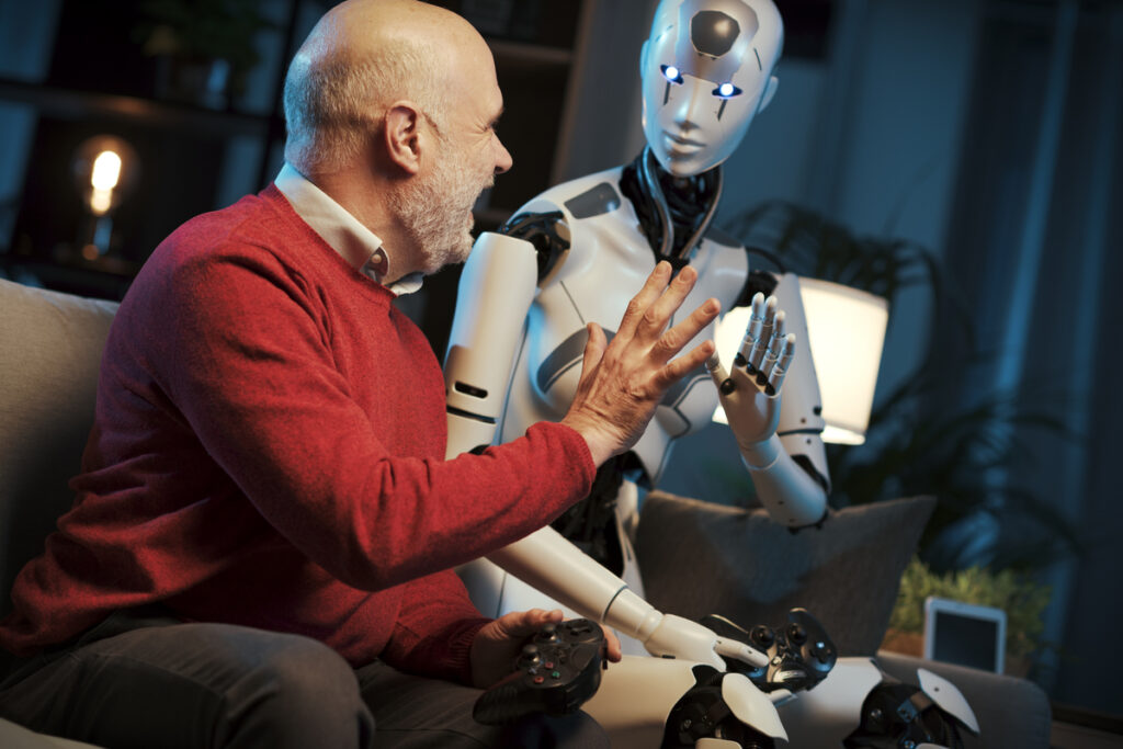 Man and android robot giving a high five - infovzor Человек и робот дают друг другу пять