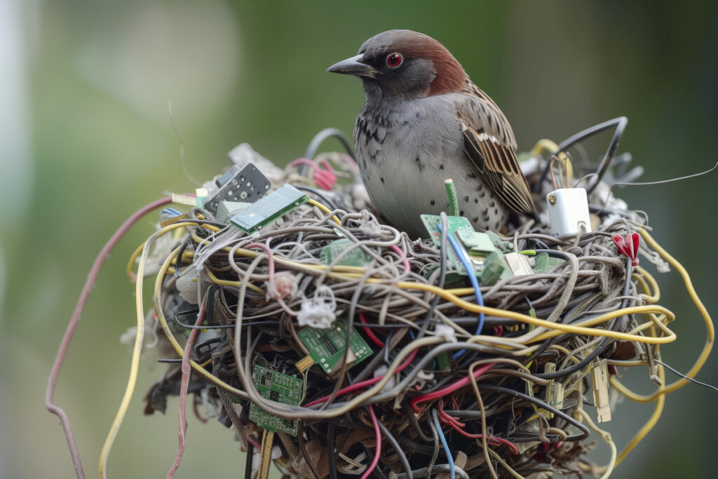 Nature Meets Tech Birds E-Waste Nest - infovzor Птичье гнездо из электронных отходов
