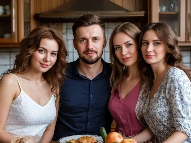 Воображаемая семья с мужем и тремя женами | Источник: Shedevrum