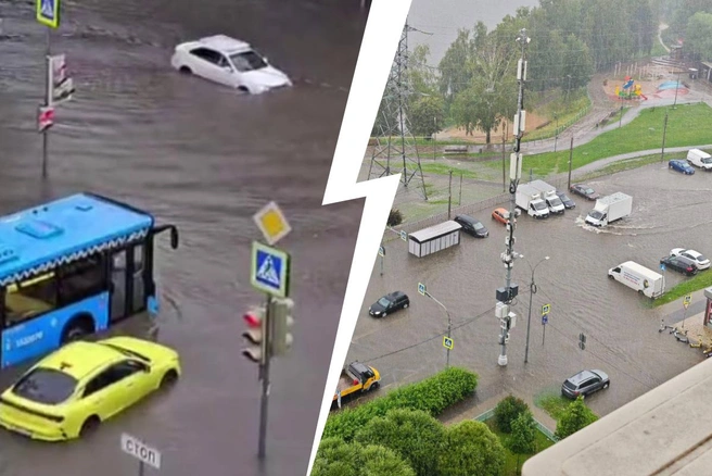 Автомобилям приходится ездить по дорогам, залитым дождевой водой | Источник: Что там, Москва? / T.me, Типичный Долгопрудный / T.me