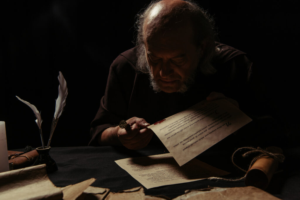 Старик читает средневековую рукопись