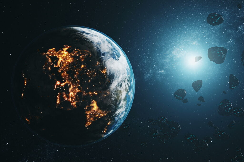 Черные астероиды пролетают мимо планеты Земля