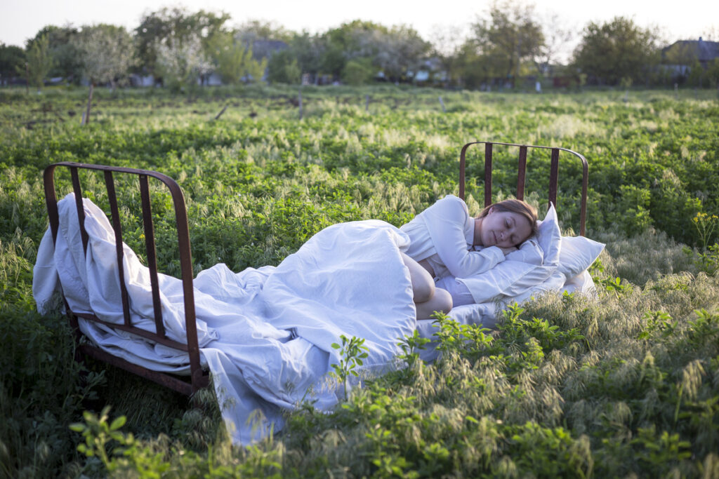 Кровать в зеленом поле