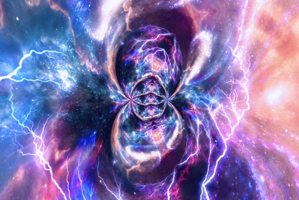 Абстрактное и сюрреалистическое изображение, в центре которого расходятся полосы ярких синих и розовых молний
