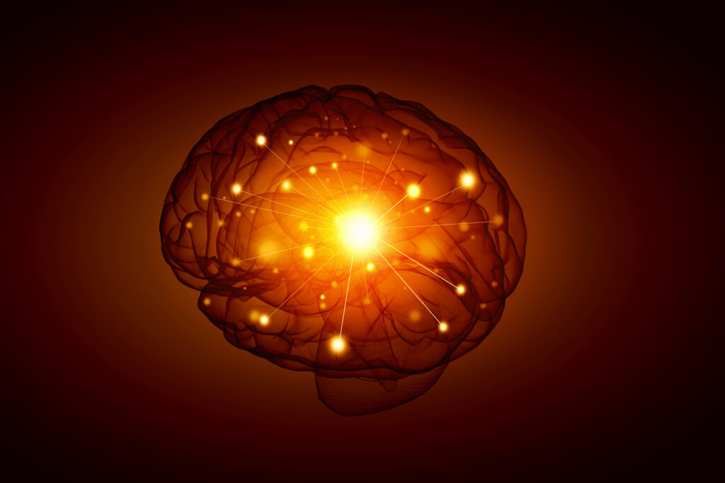 В мозге видны светящиеся желтые точки, соединенные белыми линиями