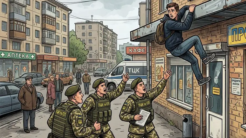 На Украине мужчина залез на козырёк магазина, пытаясь скрыться от ТЦК
