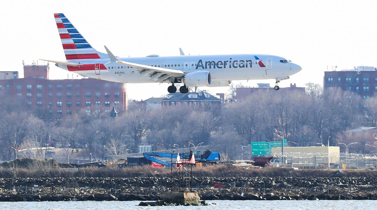 An American Airlines Boeing 737 Max 8, on a flight from Miami to New York City, comes in for landing at LaGuardia Airport in New York