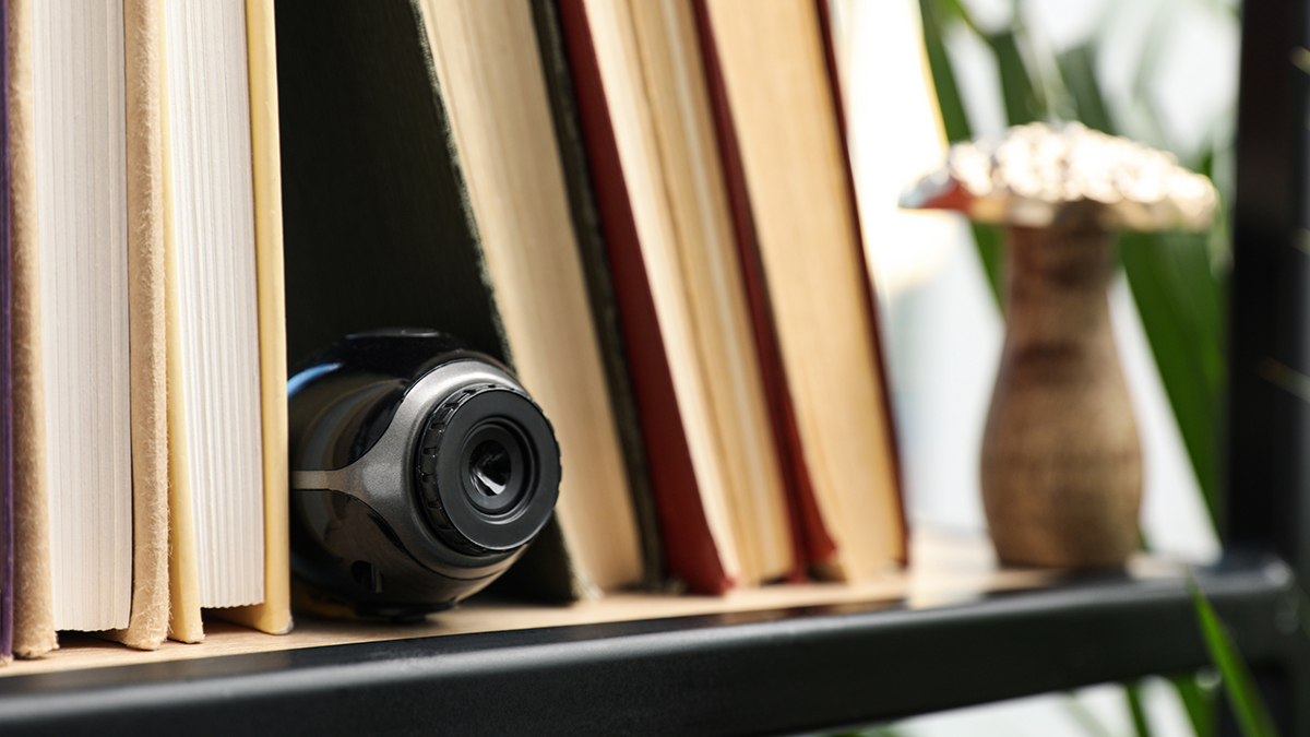 Camera,Hidden,Between,Books,On,Wooden,Shelf,Indoors,,Closeup.,Space
