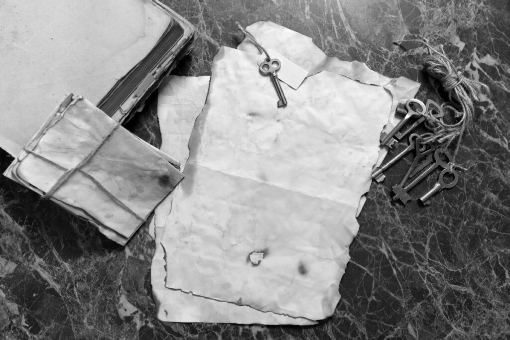 Старинные бумаги и книга на рабочем столе детектива