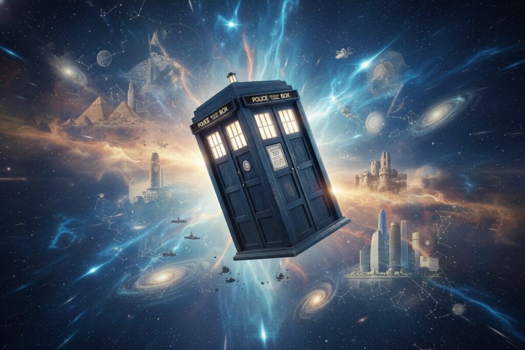 Будка ТАРДИС из сериала "Доктор Кто" летит во времени и пространстве