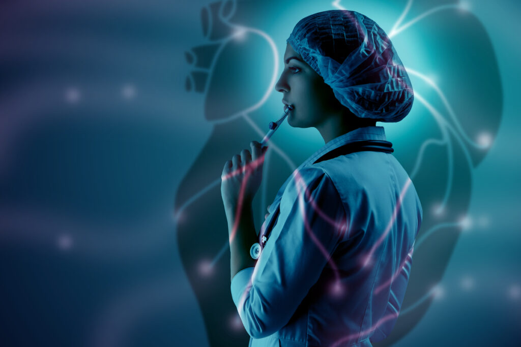 Задумчивый врач, держащий инструмент, на фоне сердца