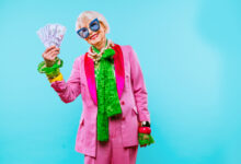 Cool and stylish senior old woman with fashionable clothes