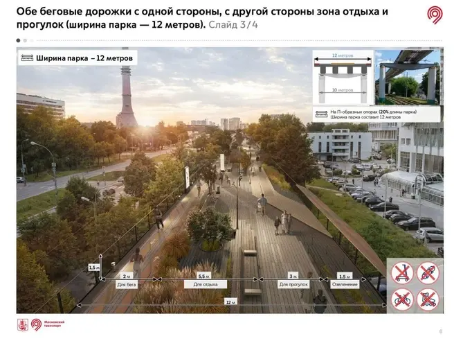 Вместо станций — кафе и рестораны. Показываем, каким будет надземный парк на месте монорельса | Источник: РМТМ | «Развитие Метрополитена и Транспорта Москвы» / T.me