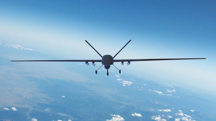 AirForceUnmannedAerialVehicleWithMilitaryEquipmentFlyingNear