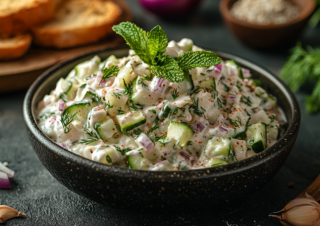 Турецкий огуречный салат с красным луком и йогуртом! Очень просто и вкусно