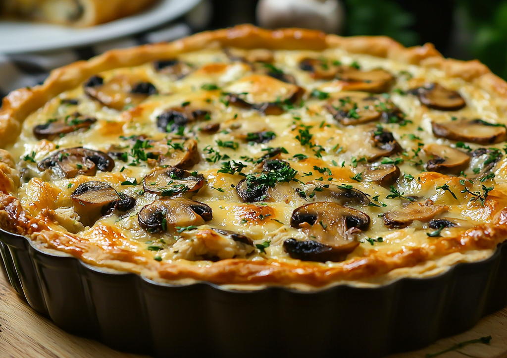 Ароматный киш с грибами и курицей