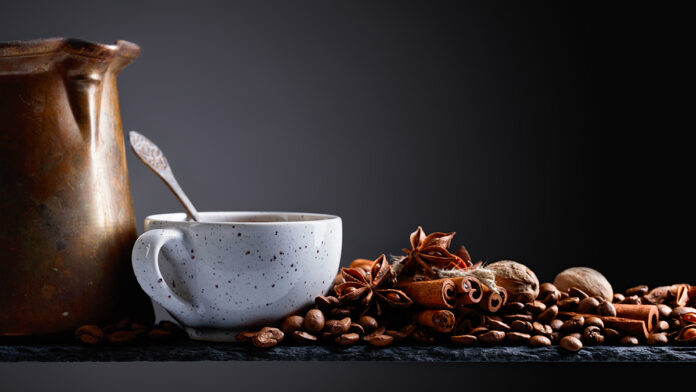 Old,Copper,Coffee,Maker,,,Cup,And,Coffee,Beans,With