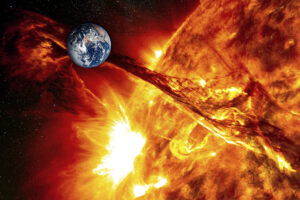 Солнечные выбросы 13 апреля - эксперты ИКИ и Савицкая о магнитной буре Planet,Earth,Against,The,Backdrop,Of,A,Giant,Sun,,The