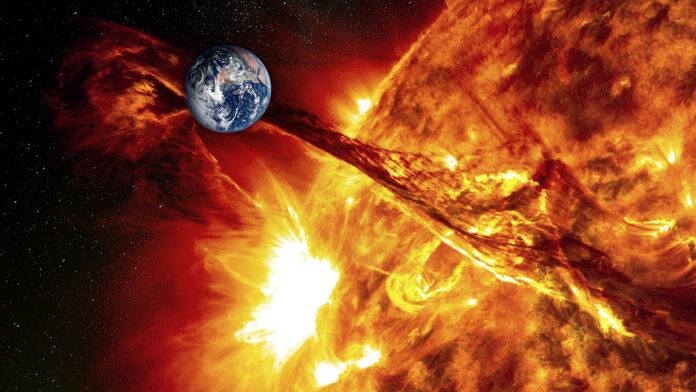 Planet,Earth,Against,The,Backdrop,Of,A,Giant,Sun,,The