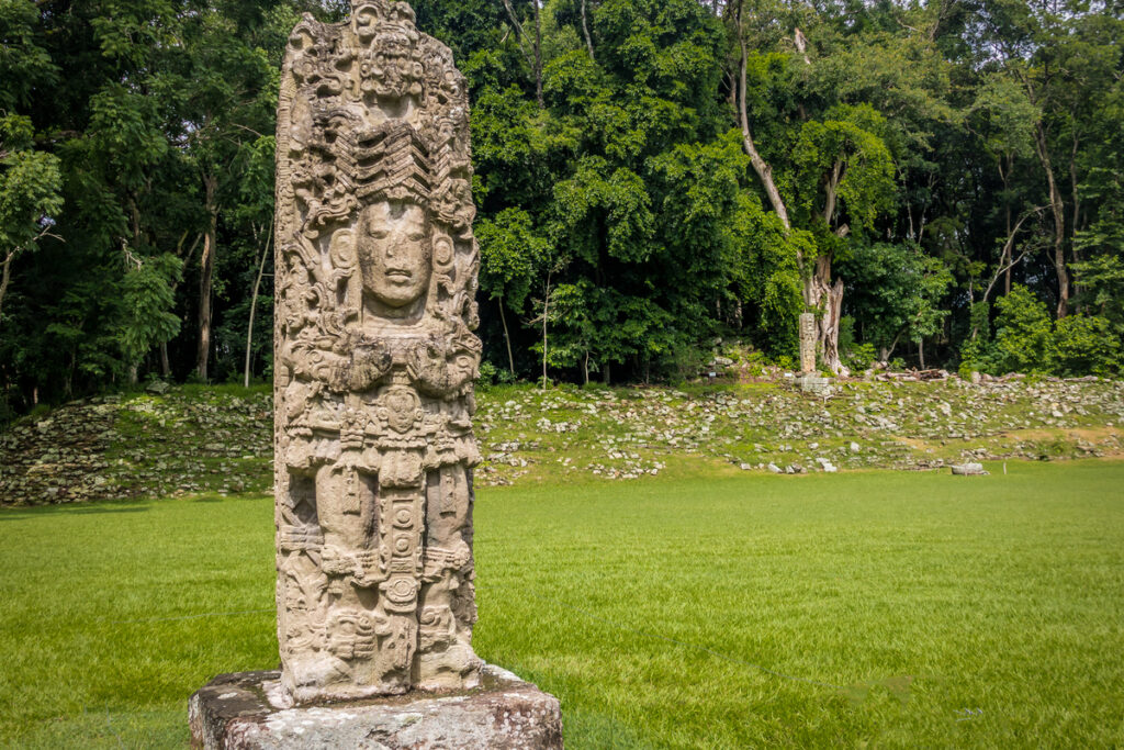 Резная стелла в руинах майя