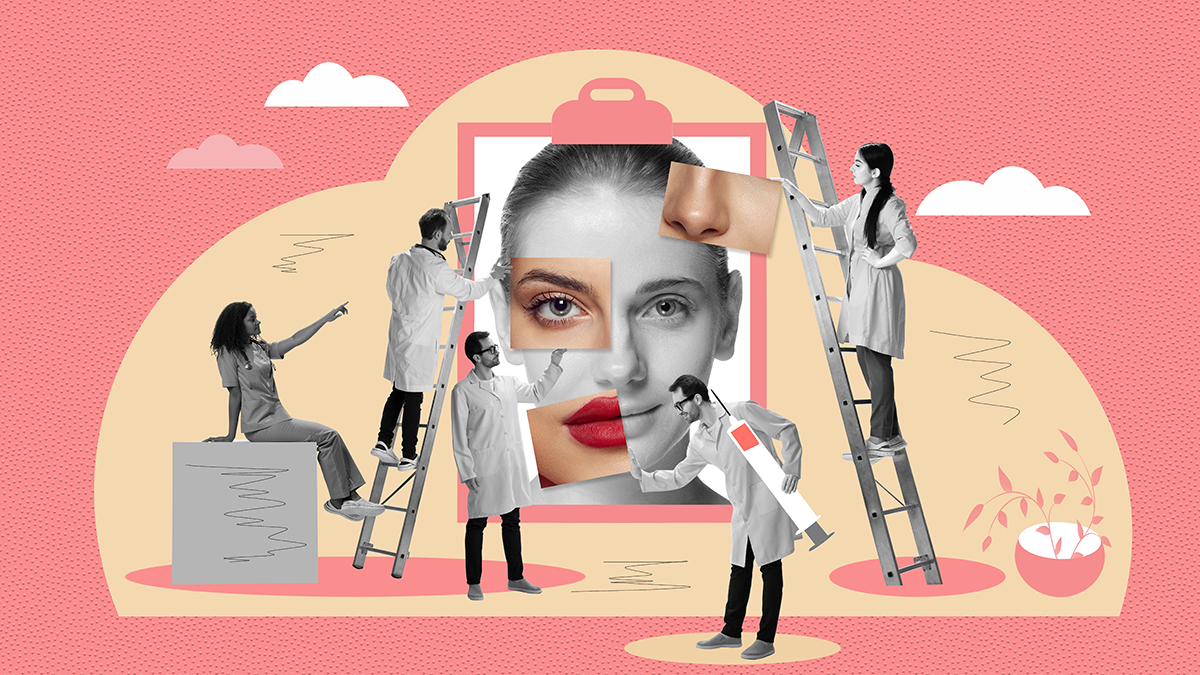 Популярные пластические операции помогают невестам стать еще прекраснее ContemporaryArtCollagePosterDoctorsHelpingFemalePatientWithPlastic