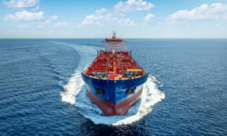 AerialFrontViewOfAHeavyCrudeOilTankerTraveling