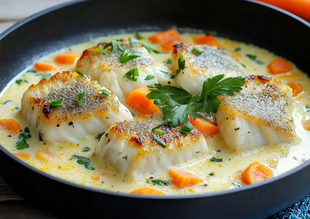 Минтай с морковкой и луком в сметане