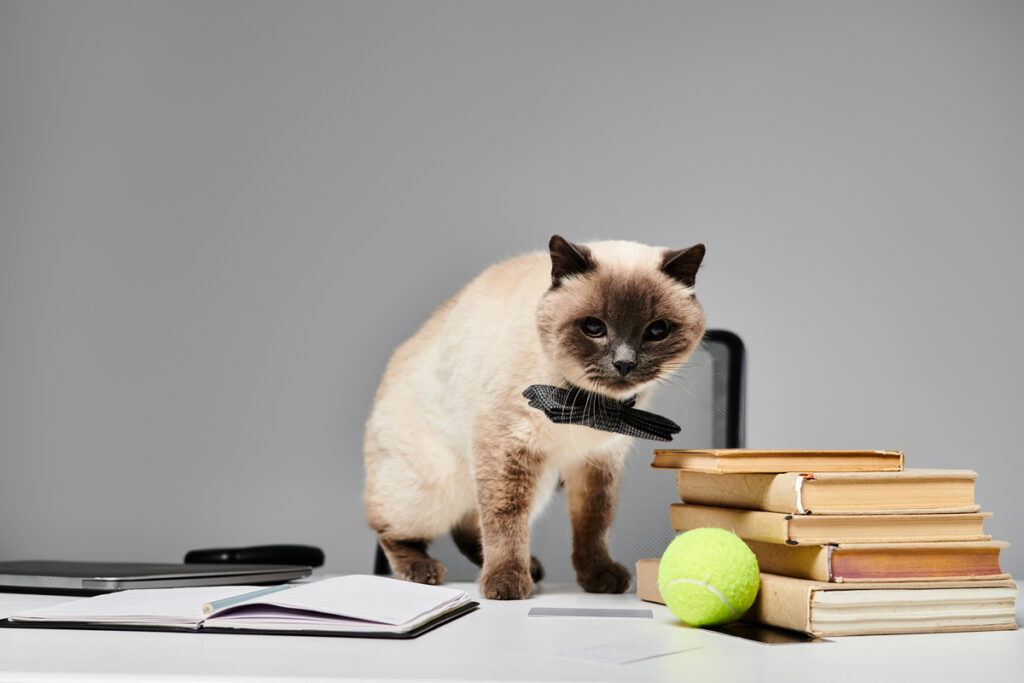 A cat with curious eyes stands elegantly on a desk next to a stack of books exuding an air of wisdom and learning - federal news кот в галстуке рядом с книгами