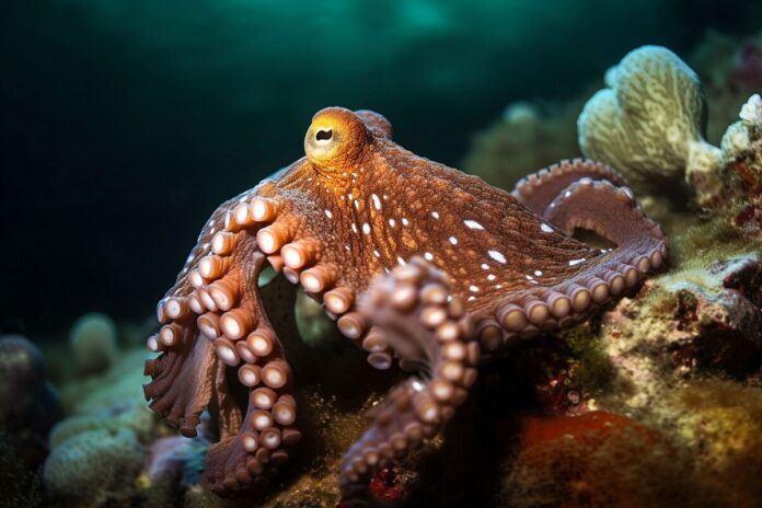 Closeup of a callistoctopus macropus on coral reef underwater осьминог в океане