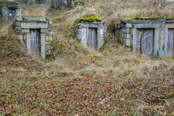 Weathered stone wall featuring an alcove roofed by a grassy thatch двери в бункер