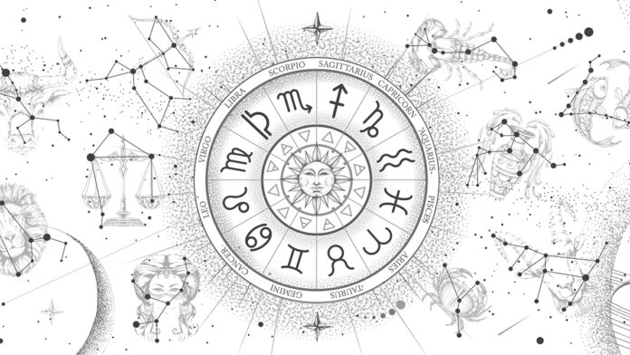 Astrology wheel with zodiac signs on constellation map backgroun