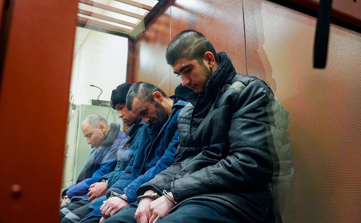 Фигуранты по делу о теракте в Крокус сити холле Саидакрами Рачабализода, Фаридуни Шамсидин, Далерджон Мирзоев, Мухаммадсобир Файзов (слева направо) (Александр Авилов / АГН «Москва»)