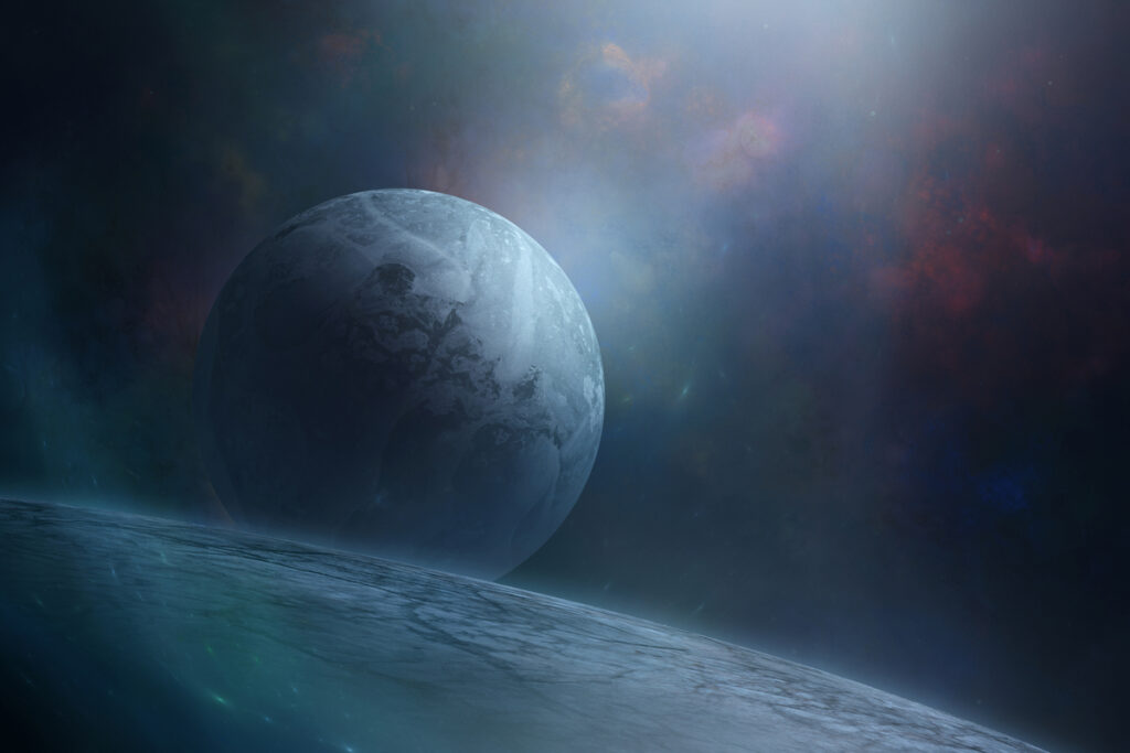 Голубая луна поднимается над гигантской ледяной планетой
