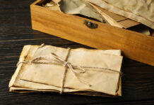 Интересные письма между знаменитыми людьми Коробка и старые письма на деревянном фоне