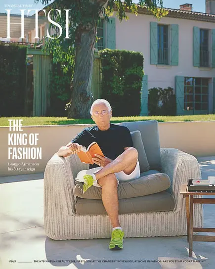 Обложка Financial Times с последним интервью Джорджо Армани. 29 августа 2025 года. Издатель «G+J Wirtschaftsmedien GmbH & Co. KG». HTSI