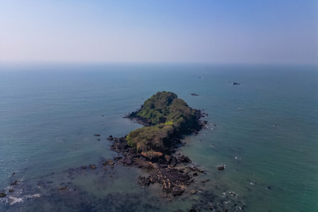 Вид сверху на тропический пляж с зелеными пальмами
