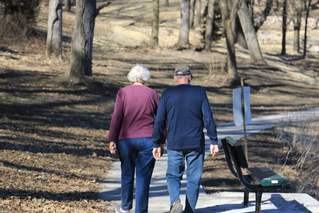 Пара пенсионеров идет по парку