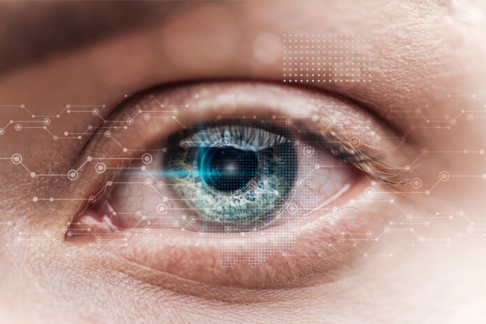 close up view of human green eye with data illustration robotic concept Крупный план зеленого глаза человека с иллюстрацией данных