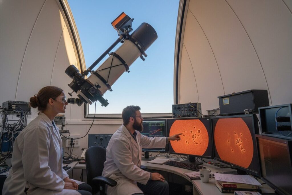 Учёные-астрономы изучают пятна на Солнце