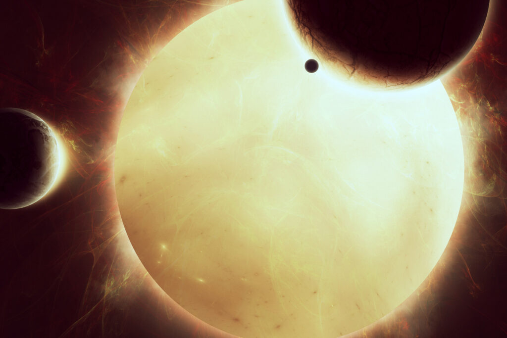 Иллюстрация научно-фантастического космического фона с солнцем, луной и планетами