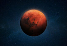 Что скрывают пылевые вихри и ледяные шапки Марса? Планета Марс на фоне звёздного неба