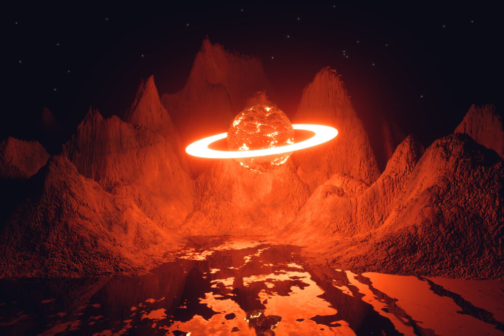 Планета с кольцом, парящая над красным пейзажем