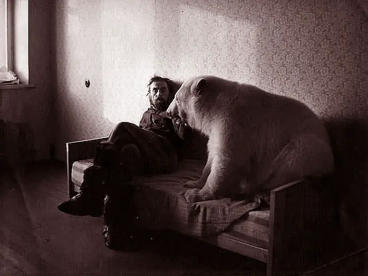 Режиссер-документалист и полярник Юрий Ледин и медведица Айка, около 1974