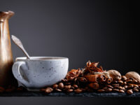 Old,Copper,Coffee,Maker,,,Cup,And,Coffee,Beans,With