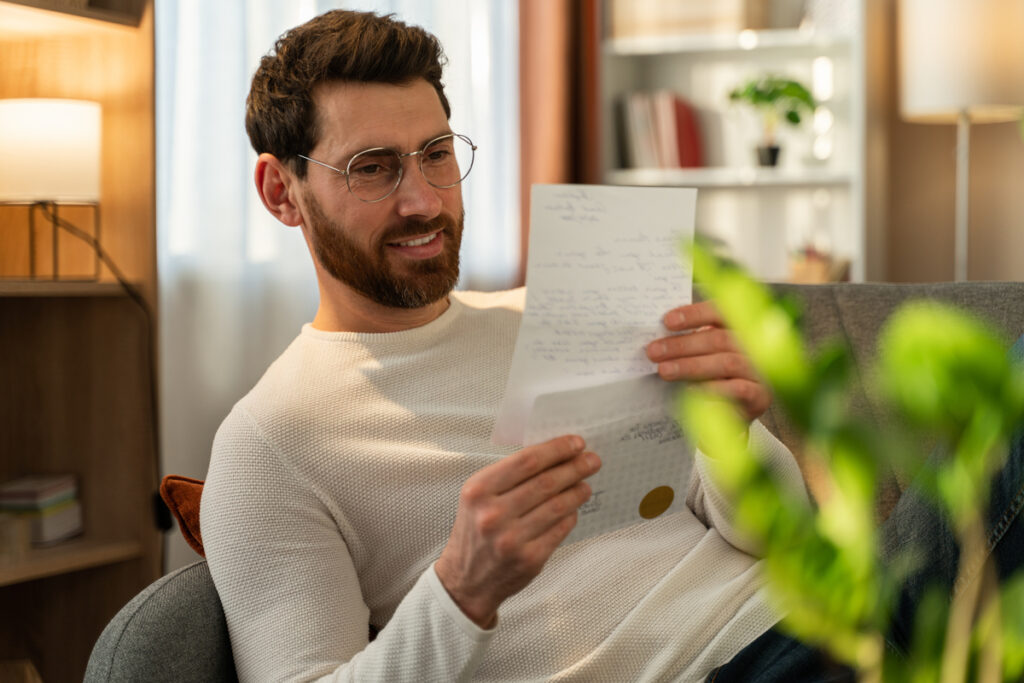 Мужчина с улыбкой читает письмо