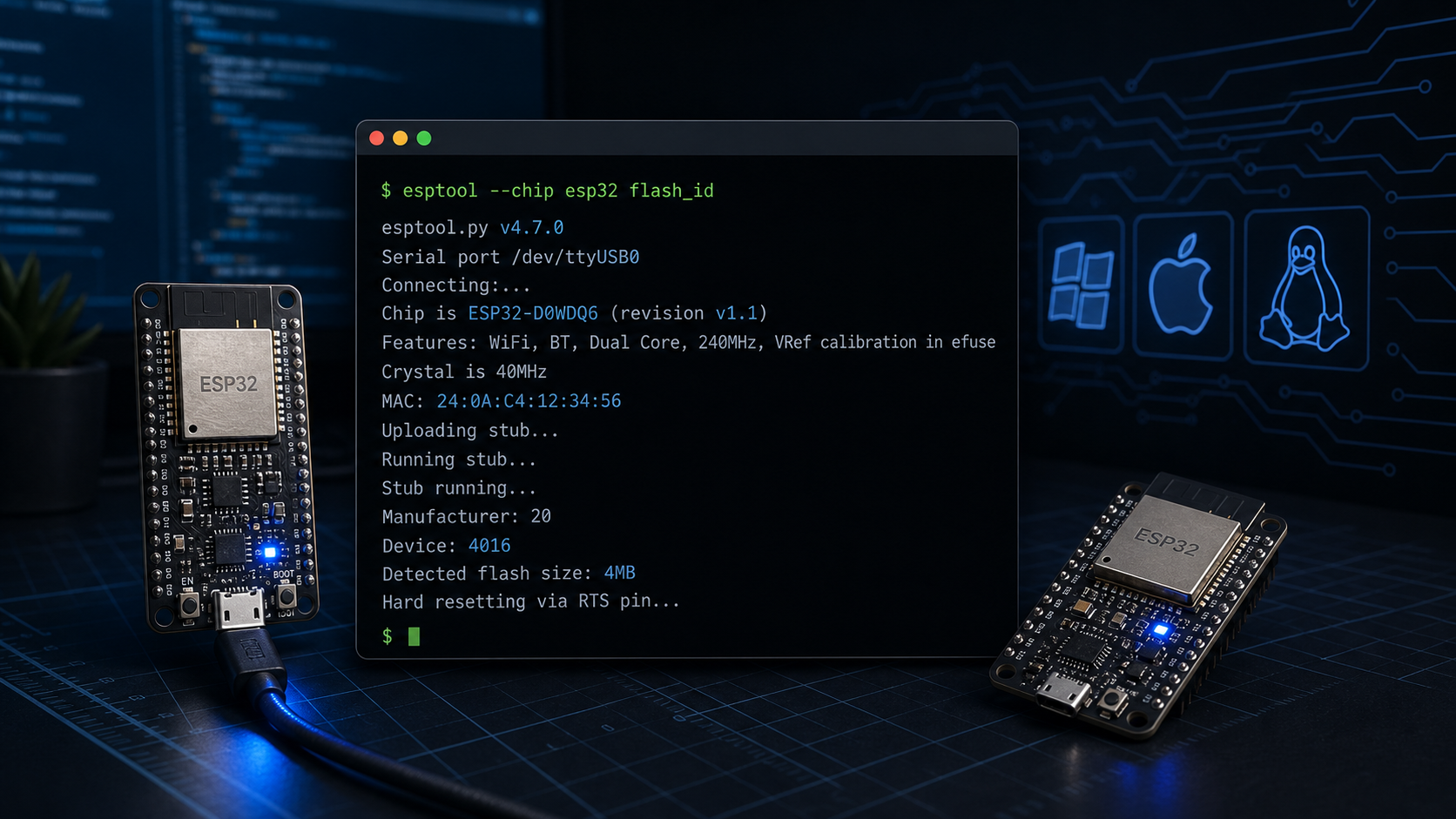 Как установить esptool для ESP32 на Windows, macOS и Linux