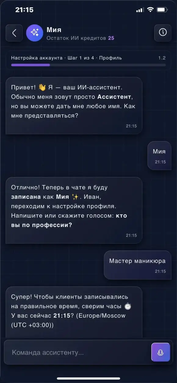 чат с ассистентом и полоской «Настройка аккаунта · Шаг 1 из 4»