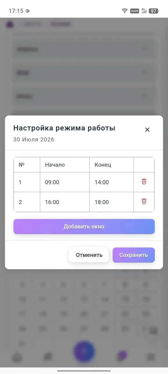 модалка «Настройка режима работы» в режиме «С настройкой окон»