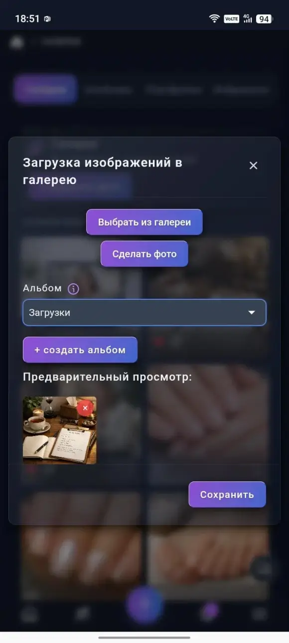 окно «Загрузка изображений в галерею» с выбором альбома