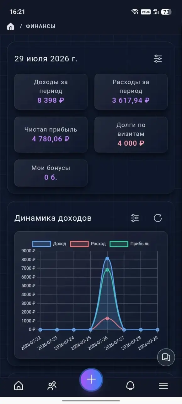 раздел «Финансы» со сводкой за месяц